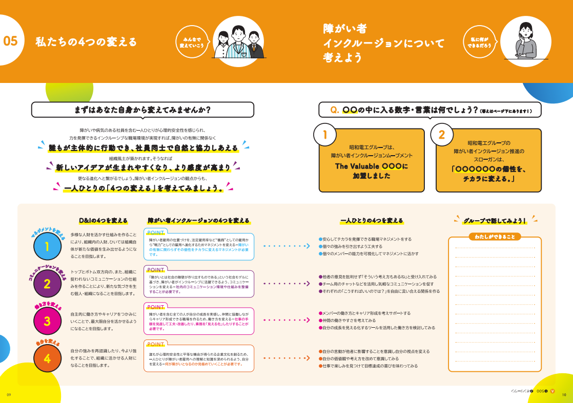 昭和電工のD＆Iパンフレット「障害者インクルージョン編」のイメージ画像。「障害者インクルージョンについて考えよう」と題されたワークのページが示されている